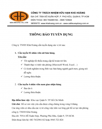 THÔNG TIN TUYỂN DỤNG THÁNG 3/2017